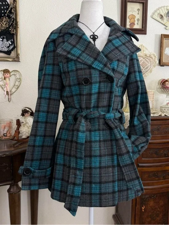 y2k preppy twee whimsical teal blue and gray cozy plaid coat - Picture 3 of 5